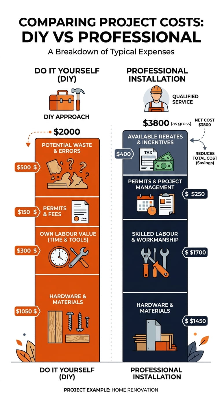 Can I Install Solar Panels Myself DIY versus professional solar installation cost breakdown showing hardware labor permits and incentives