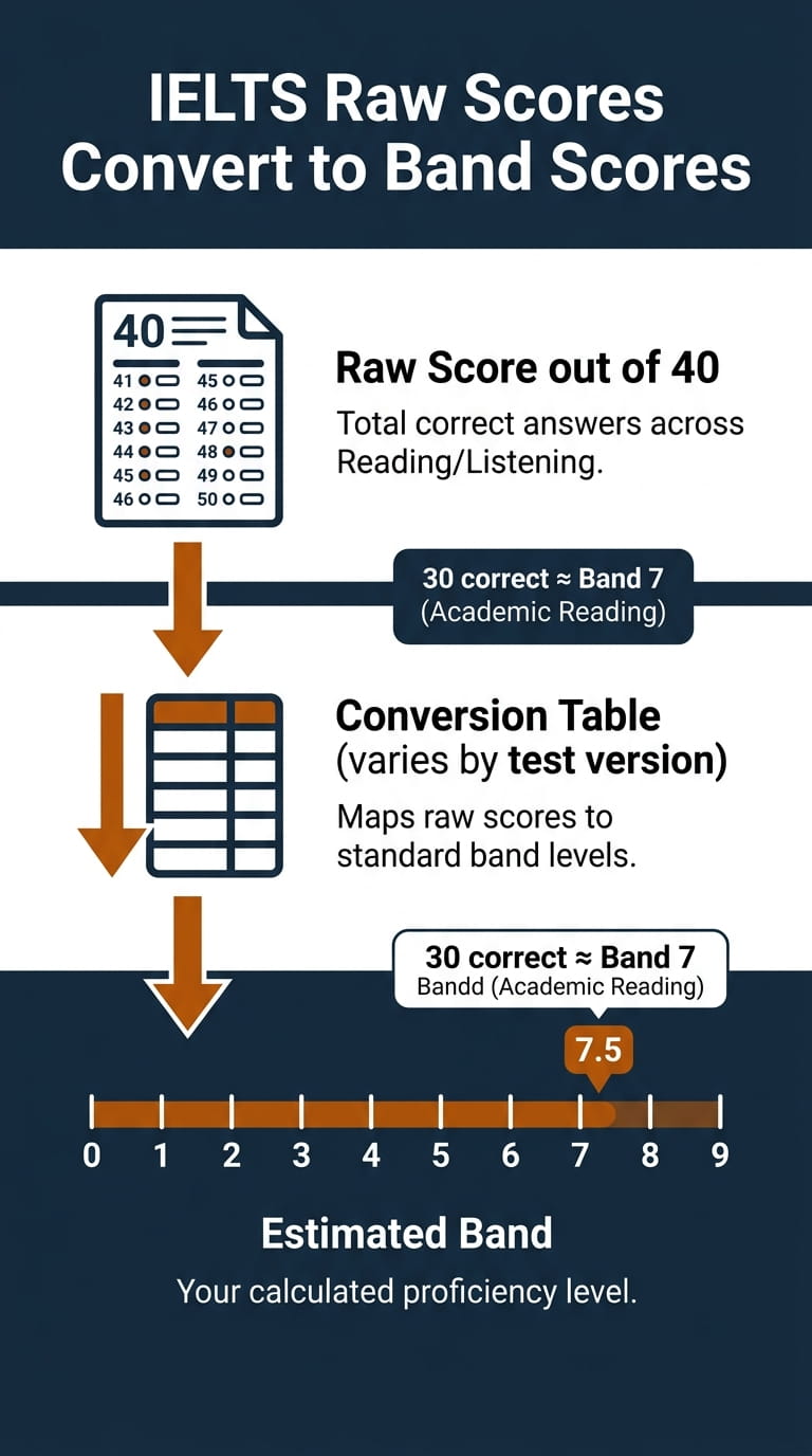 IELTS Band Score Calculator Infographic showing how IELTS raw scores out of 40 convert into Listening and Reading band scores