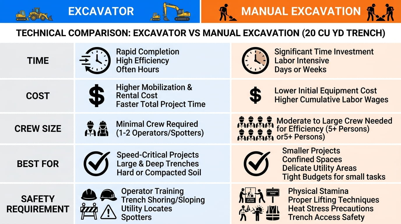 Excavator vs Manual Excavation: Cost & Time Comparison Chart comparing excavator vs manual excavation speed, cost, and access for a 20 cubic yard trench