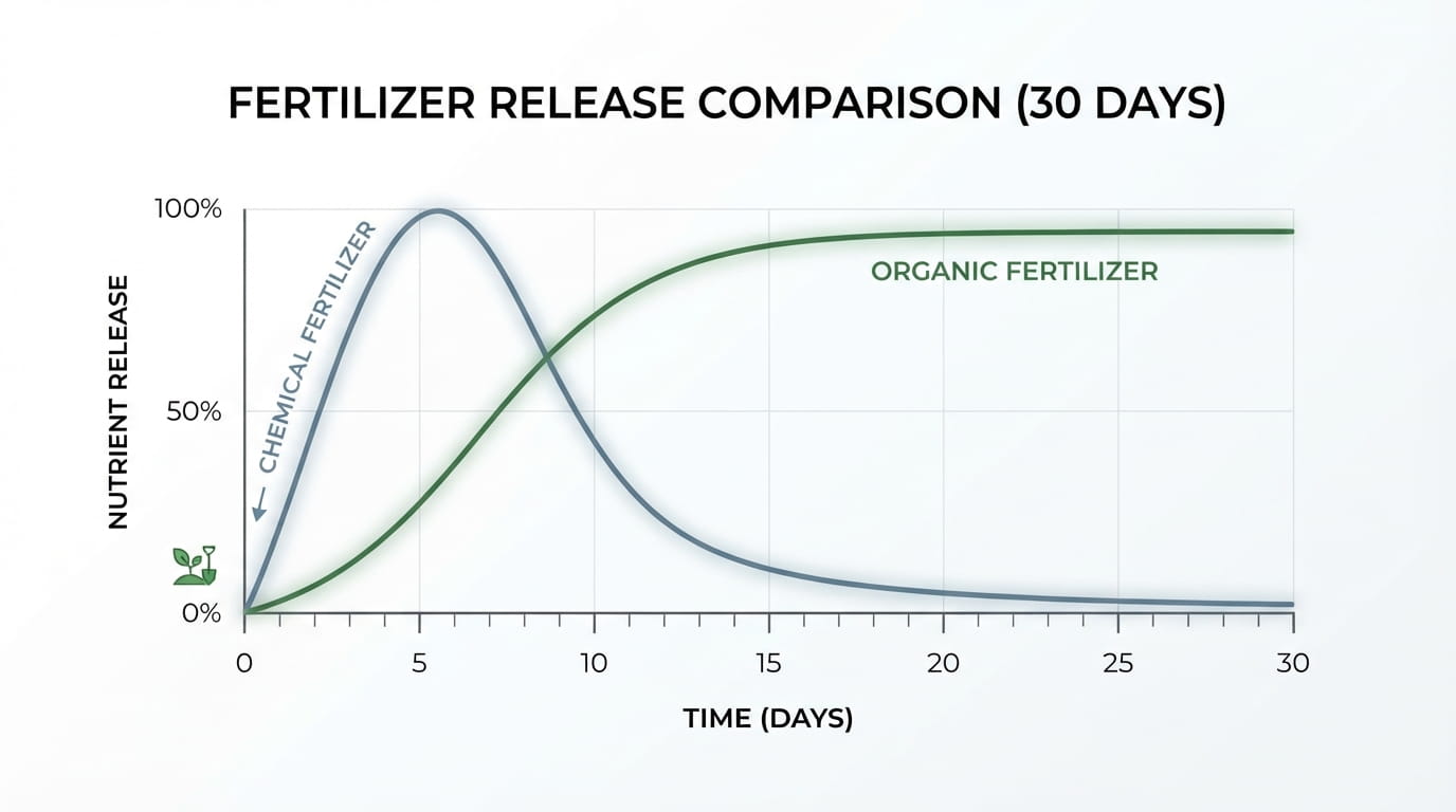 Organic vs Chemical Fertilizer Cost Yield Diagram comparing nutrient release timeline of organic versus chemical fertilizer over 30 days