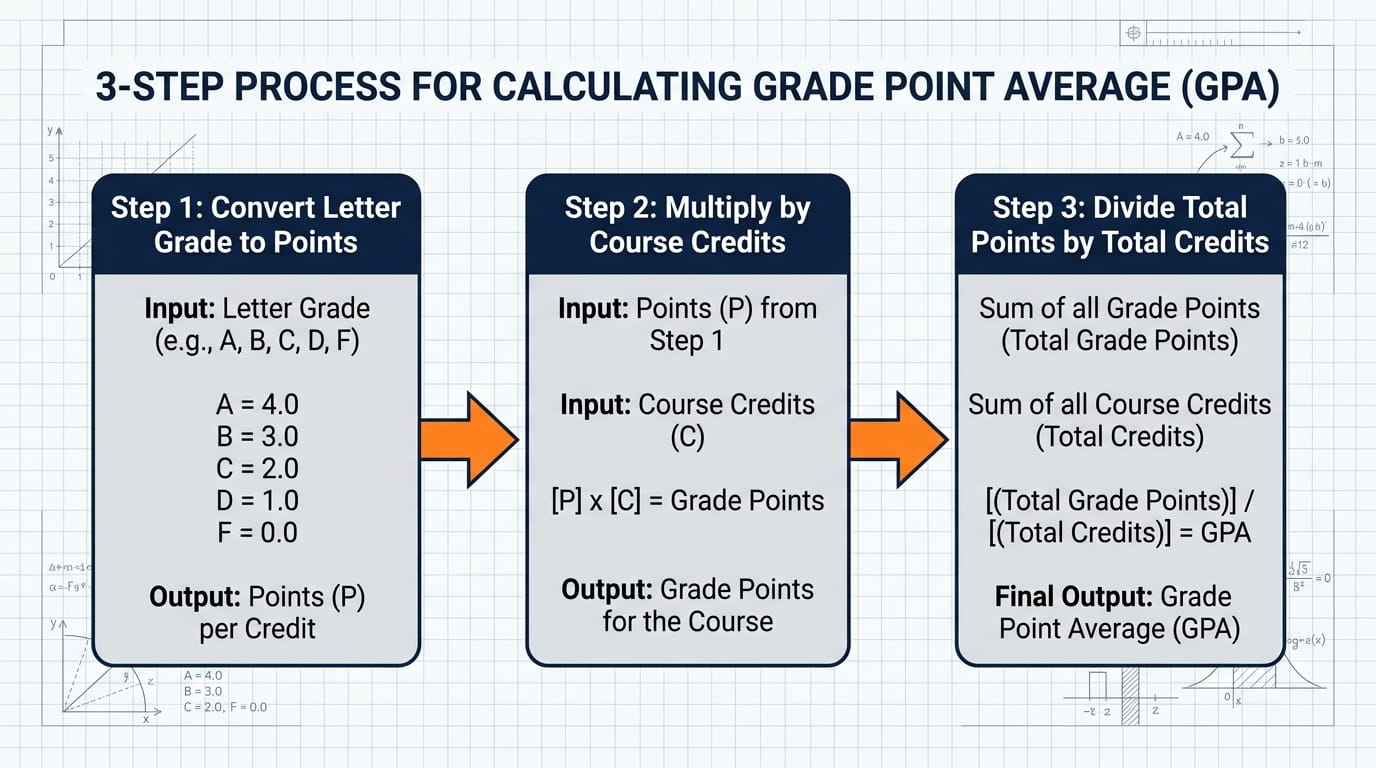 Flowchart displaying steps to convert letter grades to grade points and calculate GPA