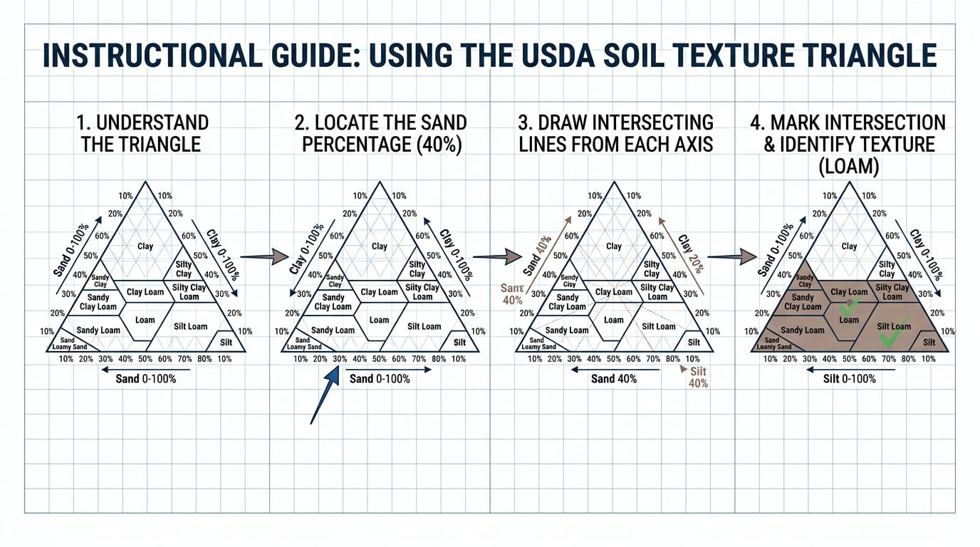 USDA Soil Texture Triangle: How to Classify Soil Step-by-step guide showing how to plot a soil sample point on the USDA soil texture triangle (example: 40% sand, 40% silt, 20% clay = loam)
