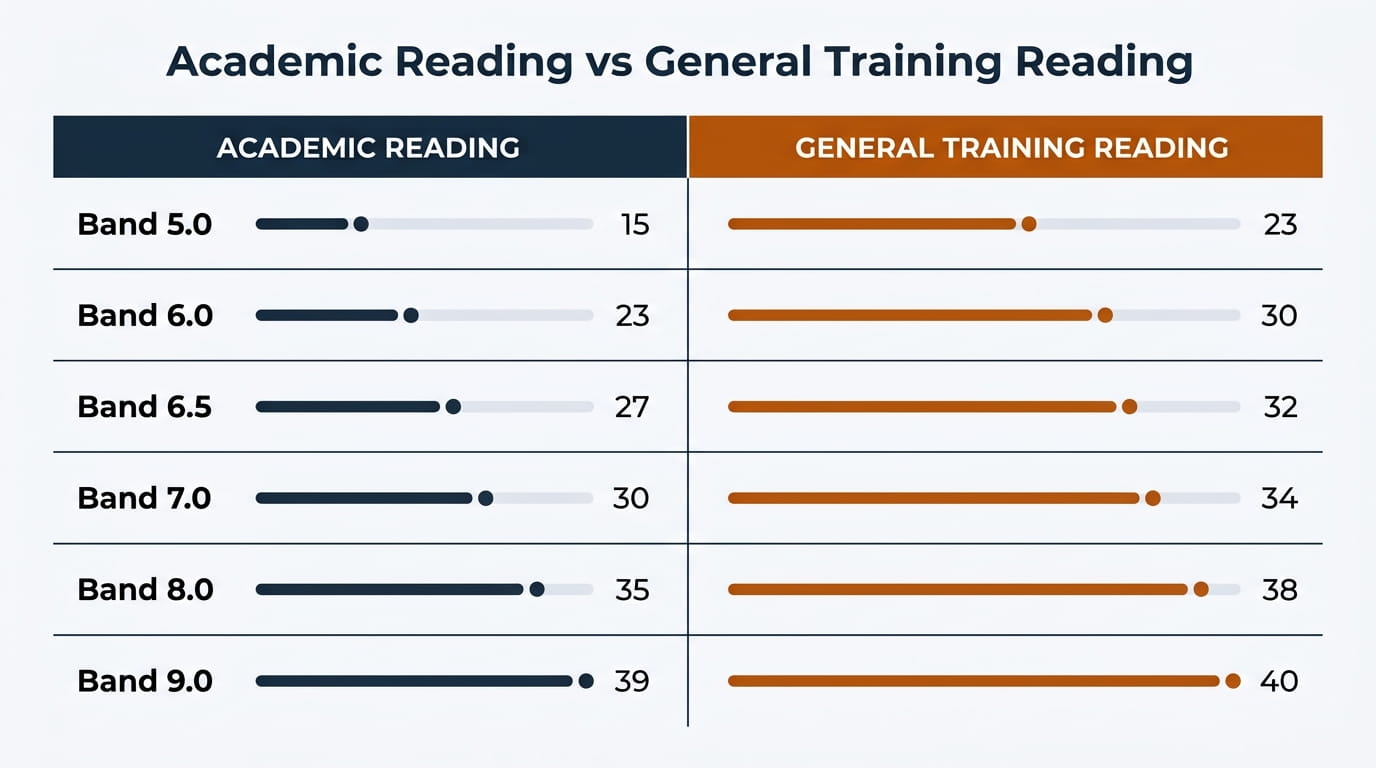 IELTS Band Score Calculator Comparison chart showing Academic Reading versus General Training Reading raw score requirements per band