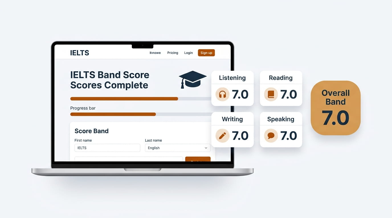 IELTS Band Score Calculator IELTS Band Score Calculator dashboard showing four section scores and an overall band result