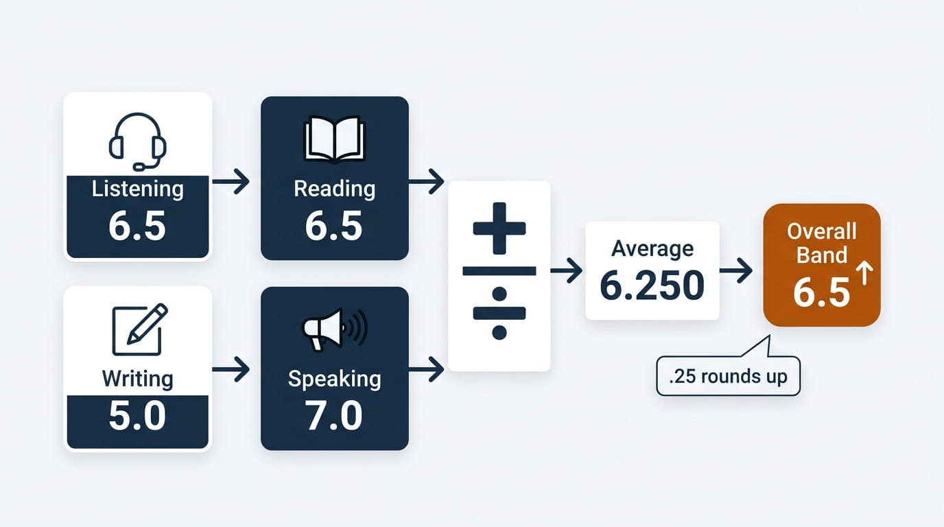 IELTS Band Score Calculator Diagram showing how four IELTS section scores average and round into an Overall Band Score