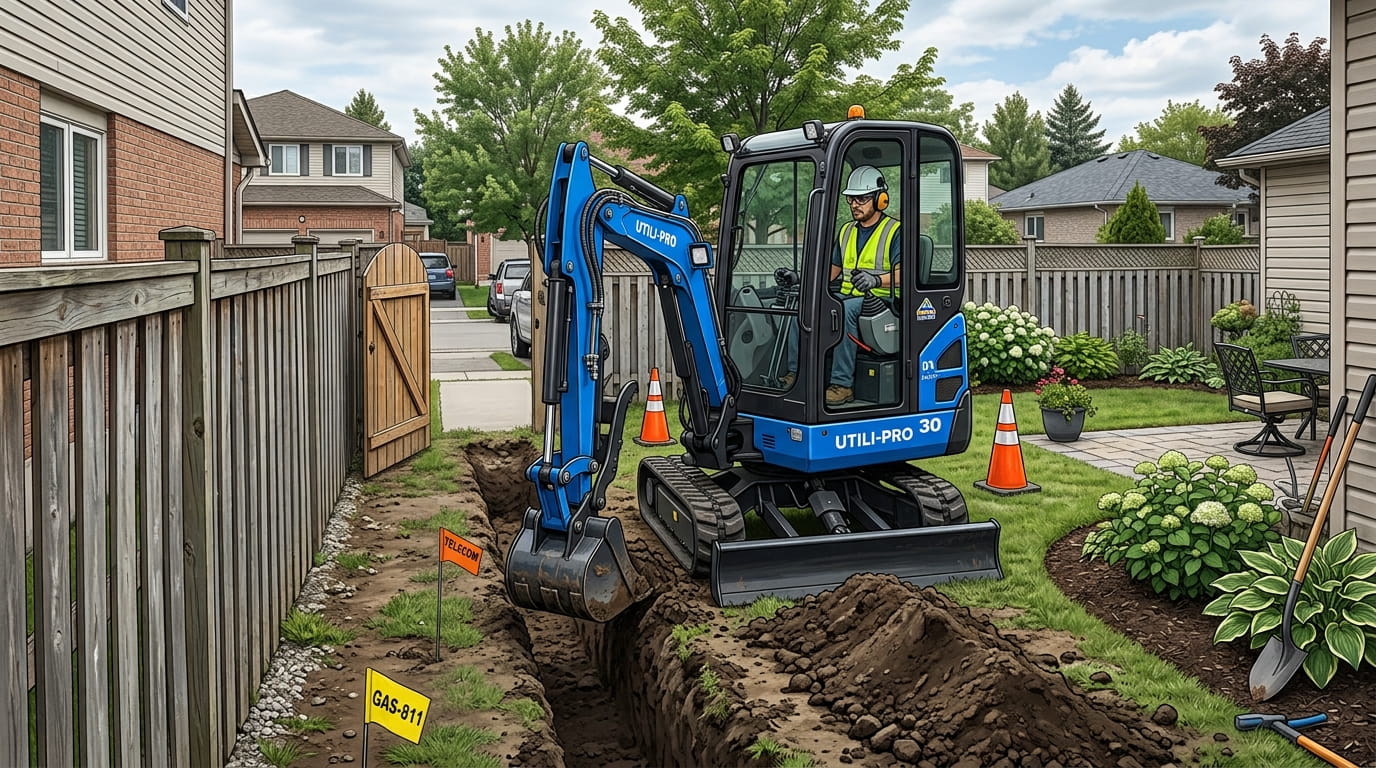 Excavator vs Manual Excavation: Cost & Time Comparison Mini excavator digging a residential utility trench with limited backyard access
