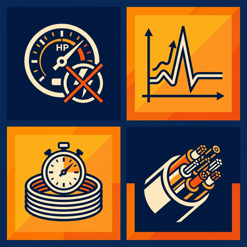 Four common mistakes that undersize a 3-phase motor cable, illustrated as a 2x2 icon grid