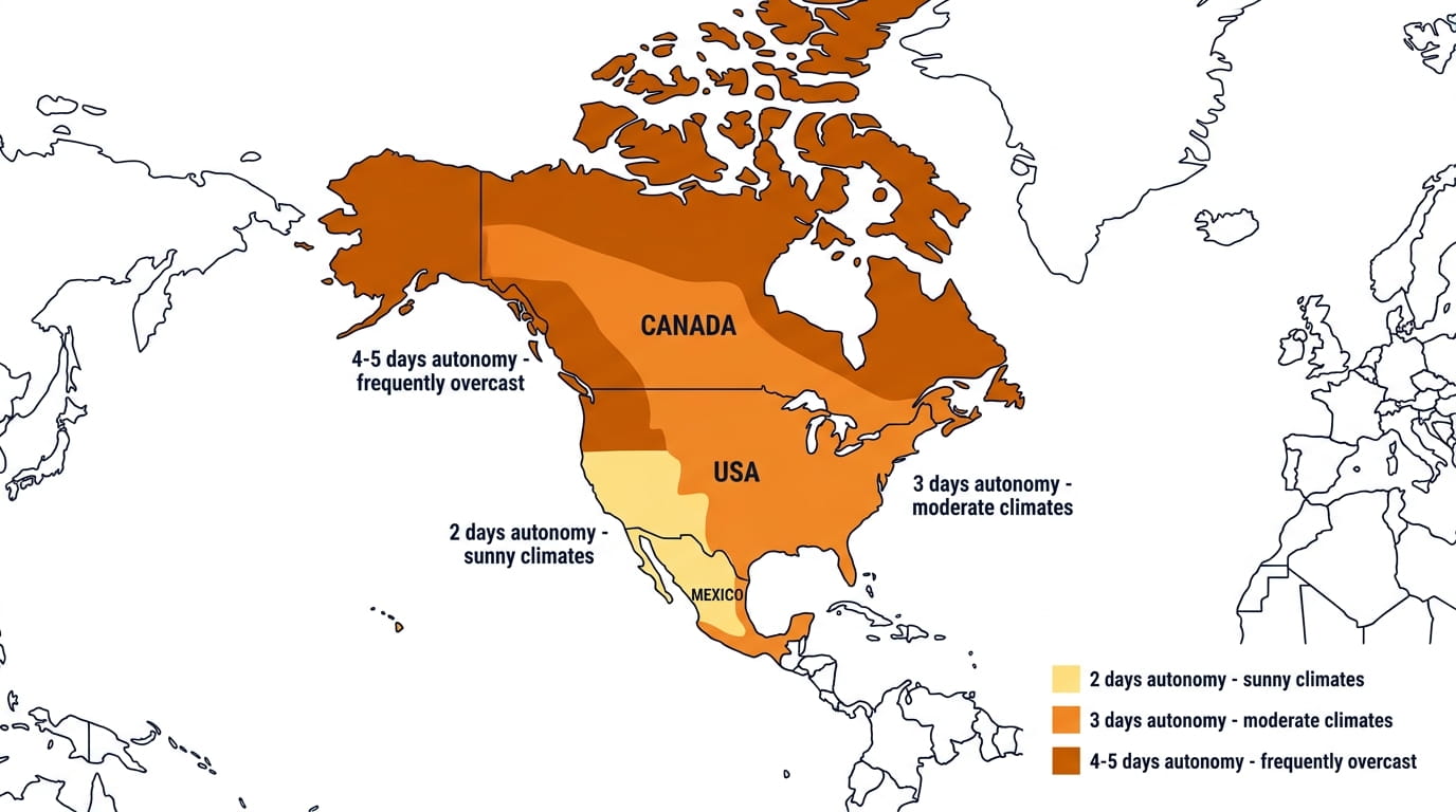 Map showing recommended days of autonomy for off grid solar by climate zone