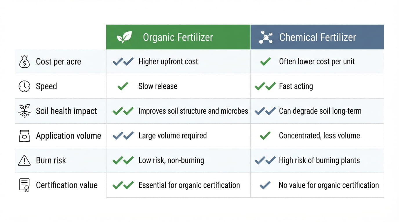 Organic vs Chemical Fertilizer Cost Yield Side by side comparison chart of organic versus chemical fertilizer across cost, speed, and soil impact