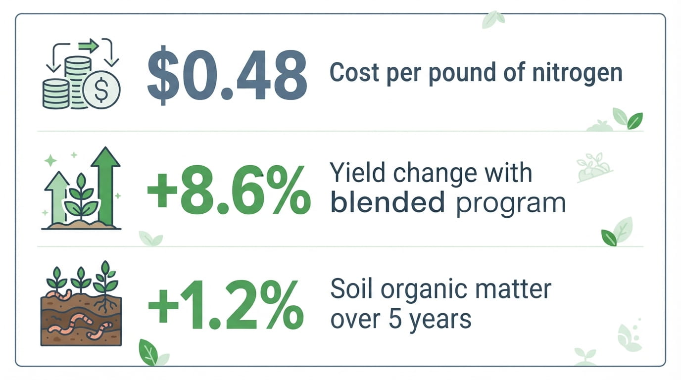 Organic vs Chemical Fertilizer Cost Yield Infographic showing cost per pound of nitrogen and yield change for organic, chemical, and blended fertilizer programs