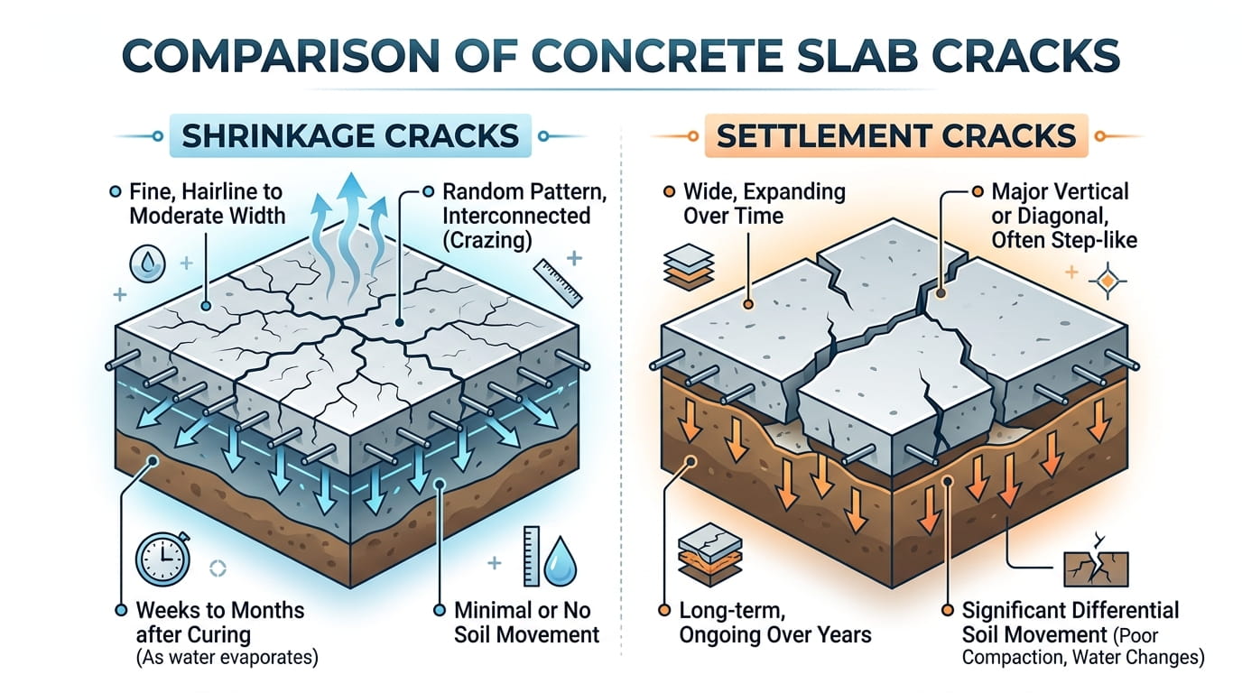 Concrete Slab Cracking-Causes and How to Prevent It Diagram comparing shrinkage cracks vs settlement cracks in concrete slabs