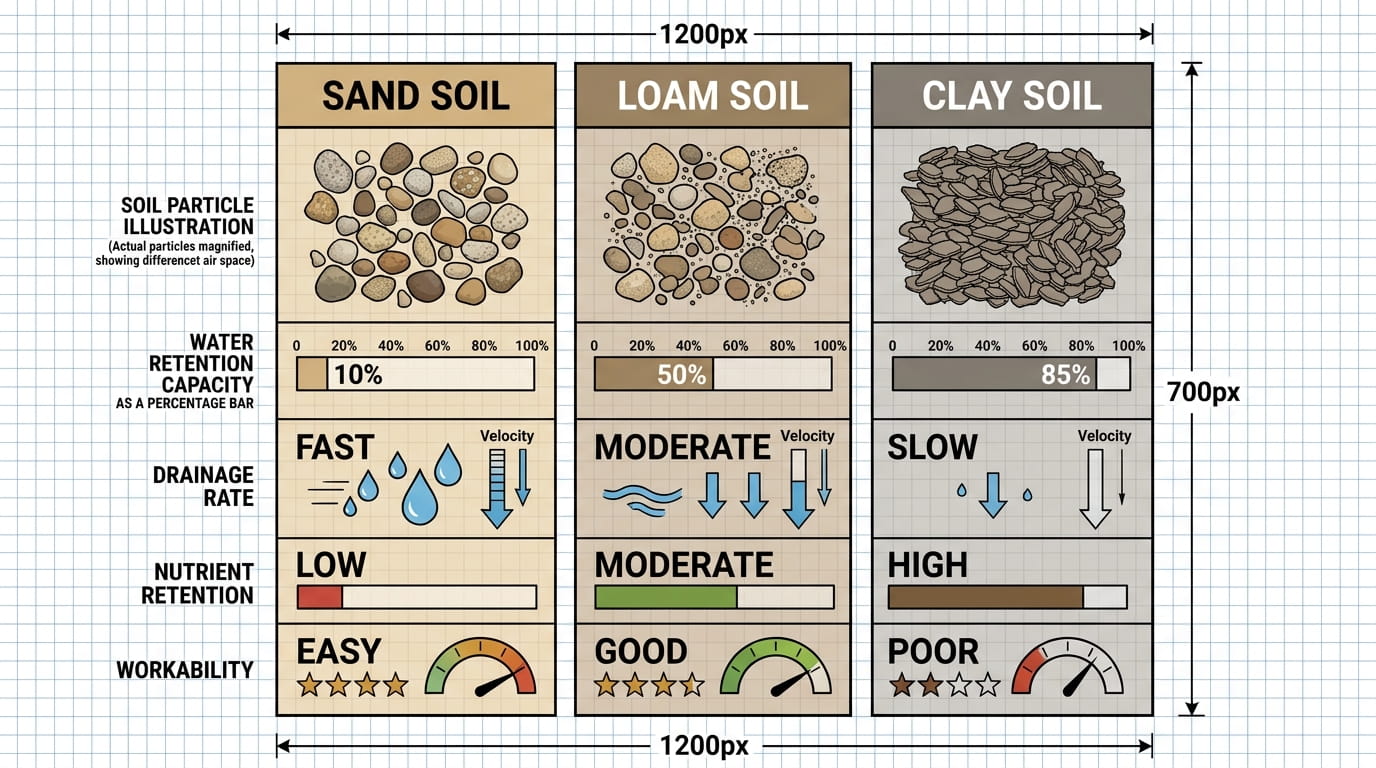 USDA Soil Texture Triangle: How to Classify Soil Comparison chart showing water retention, drainage, nutrient content, and workability differences between sand, loam, and clay soil types