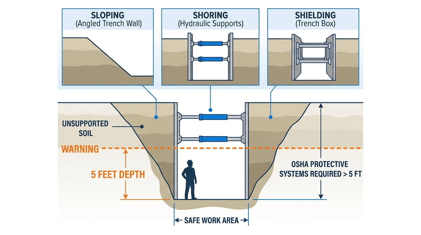 Excavator vs Manual Excavation: Cost & Time Comparison OSHA trench shoring and sloping requirements for excavations five feet deep or more