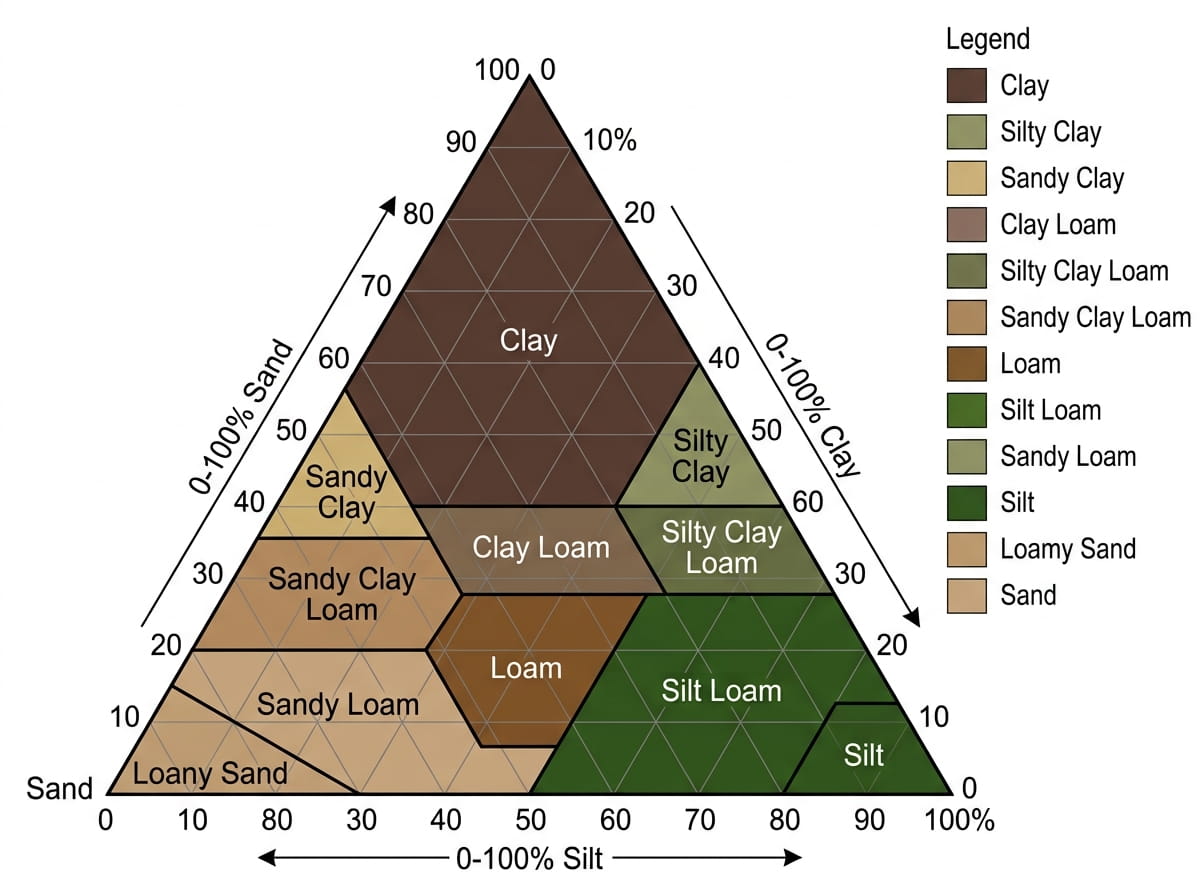 Soil Texture Classifier Professional Calculator USDA soil texture triangle diagram showing 12 soil texture classes with sand, silt, and clay percentage axes labeled
