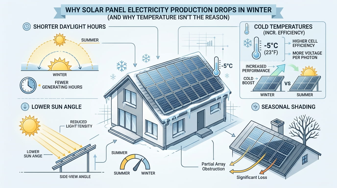 Why Solar Panels Underperform in Winter Four factors that reduce solar panel output in winter