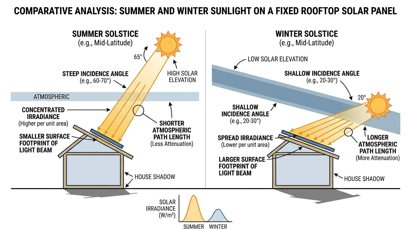 Why Solar Panels Underperform in Winter Comparison of summer and winter sun angles on solar panels